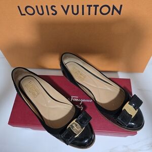 Salvatore Ferragamo Black Patent Leather Flats